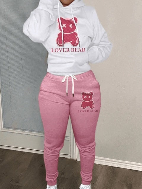 Lw Lovely Bear Letter Print Kangaroo Pocket Tracksuit Set Long Sleeve Hoodie+drawstring Trousers Women Two Pieces Matching Suits