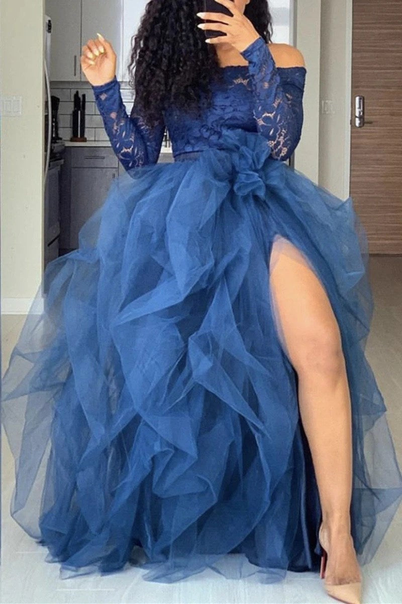 LW Plus Size Split Ball Gown Puffy Skirt 2022 Casual Elastic Mesh Puffy Women&#39;s Irregular Ball Gown Lady Oversize Tulle Skirt