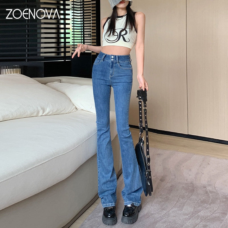 ZOENOVA Women High Waist 2023 Chic New Blue Gray Horseshoe Bootcut  Denim Streetwear Y2k Clothes Baggy Jeans Famale Flare Pants