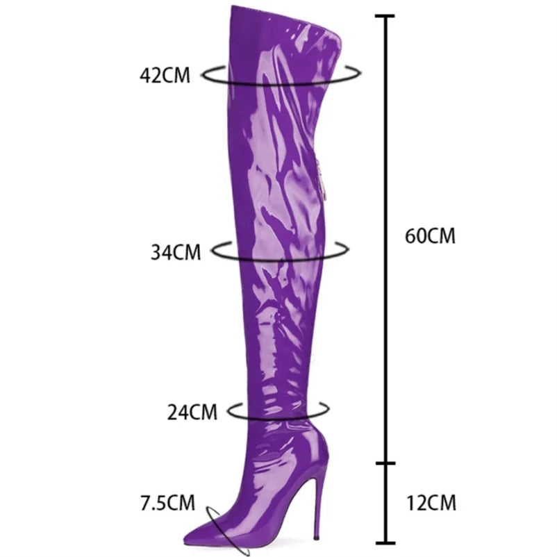 Nightclub Stretch Boots Over-the-Knee Women Shoes Patent Leather Pointed Toe Zipper Long Boots Sexy Gothic Fetish High Heels