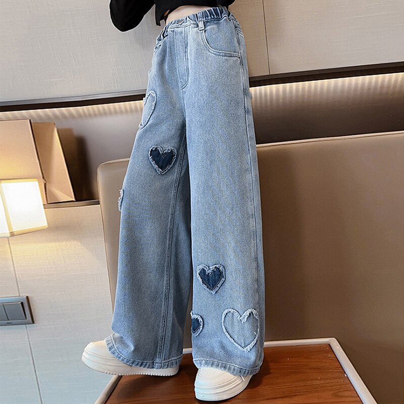 New Fashion Teenager Girls Denim Wide Leg Pants Children Trousers Spring Autumn Love Pattern Girls Jeans 5-14 Years Kids Clothes