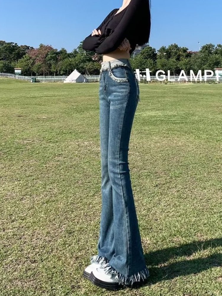 High Waist Micro Bell-bottoms High Street Retro Jeans Slim Spicy Girl Horseshoe Pants Casual Women Jeans