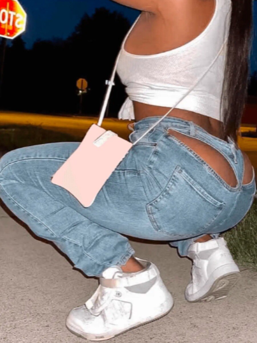 LW Mid Waist Cut Out Stretchy Jeans Wash Light Blue Back Hollow-out Denim Pants Women Fashion Streetwears Sexy Zipper Fly Pants