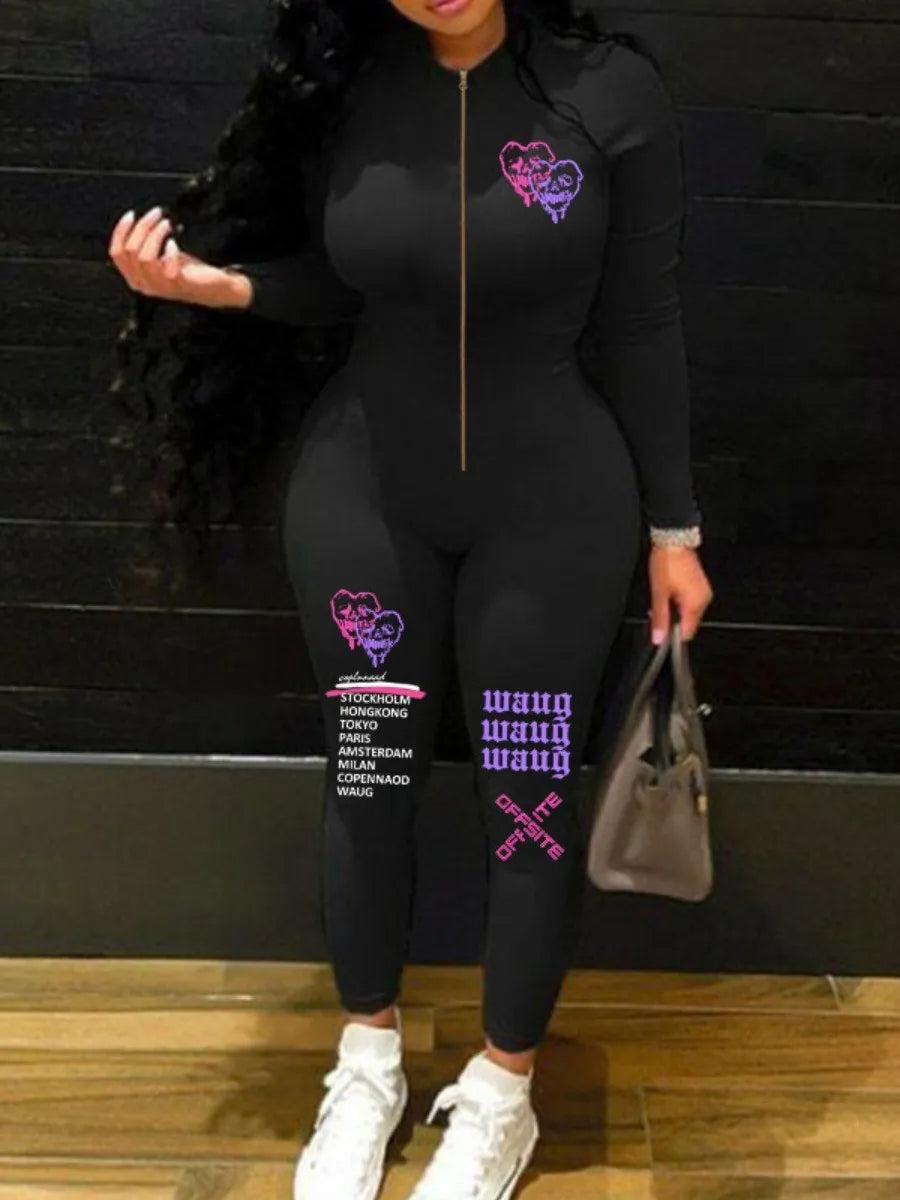 LW Plus Size Woman Zipper Jumpsuits Pink Letter Print Skinny Jumpsuit Sexy Streetwear Casual Rompers Sportswear Jumpsuit