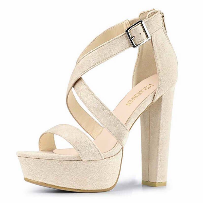 LOSLANDIFEN Women Sandals Sexy Open Toe Cross Strap Buckle Wedge Platform High Heel Chunky Block Heels Dress Party Wedding Shoes