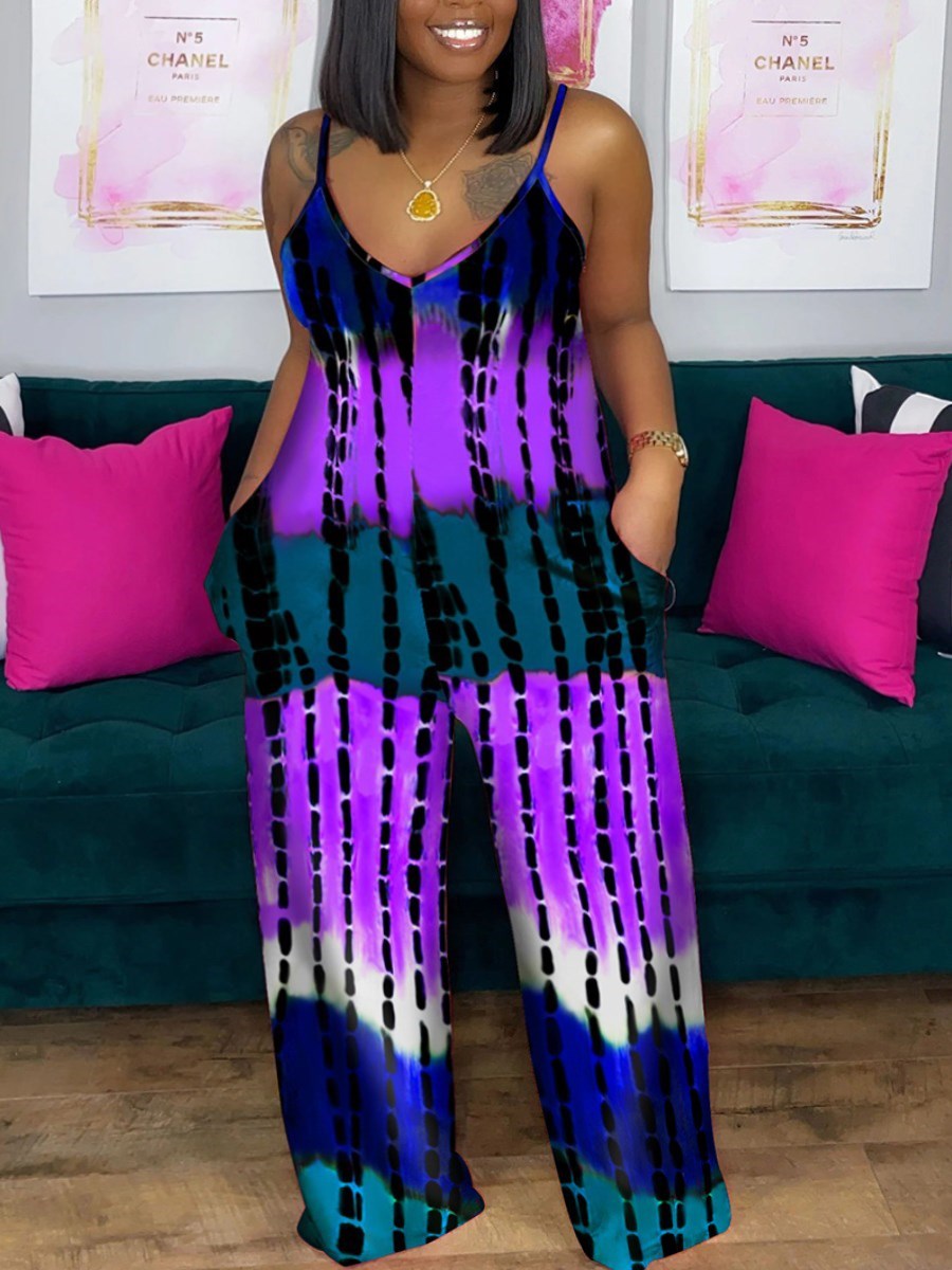 LW Plus Size Casual Tie-dye Pocket Design One-piece Jumpsuit Women Loose Jumpsuits Summer Deep V Neck Sleeveless Jumpsuits