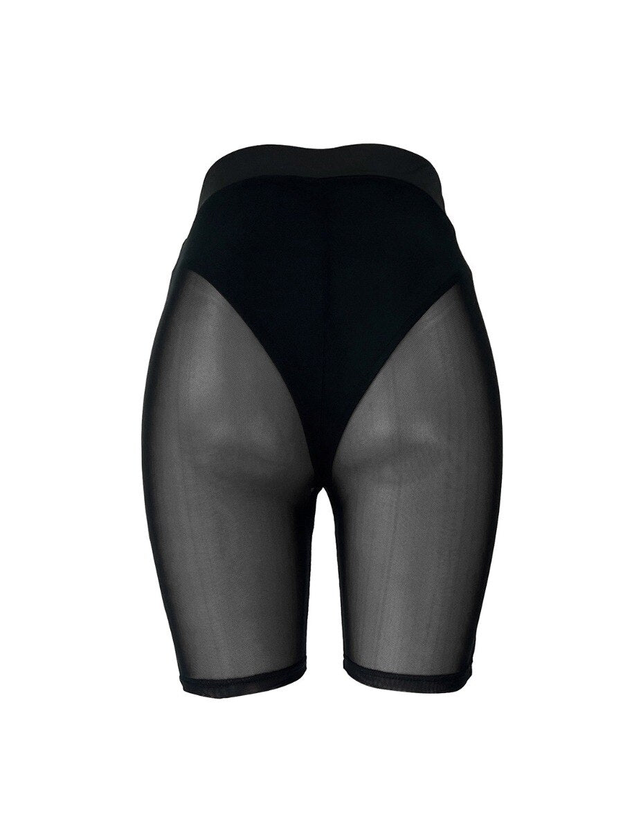 LW SXY See-through Skinny Stretchy Shorts Women Mesh Nightclub Wears Basic Sheath Pants With Underwears High Waist Tight Bottoms