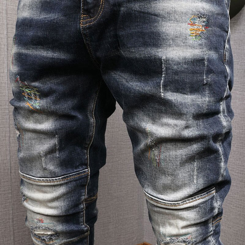 Fashion Streetwear Men Jeans Retro Black Blue Elastic Slim Fit Ripped Jeans Men Spliced Designer Embroidery Hip Hop Denim Pants