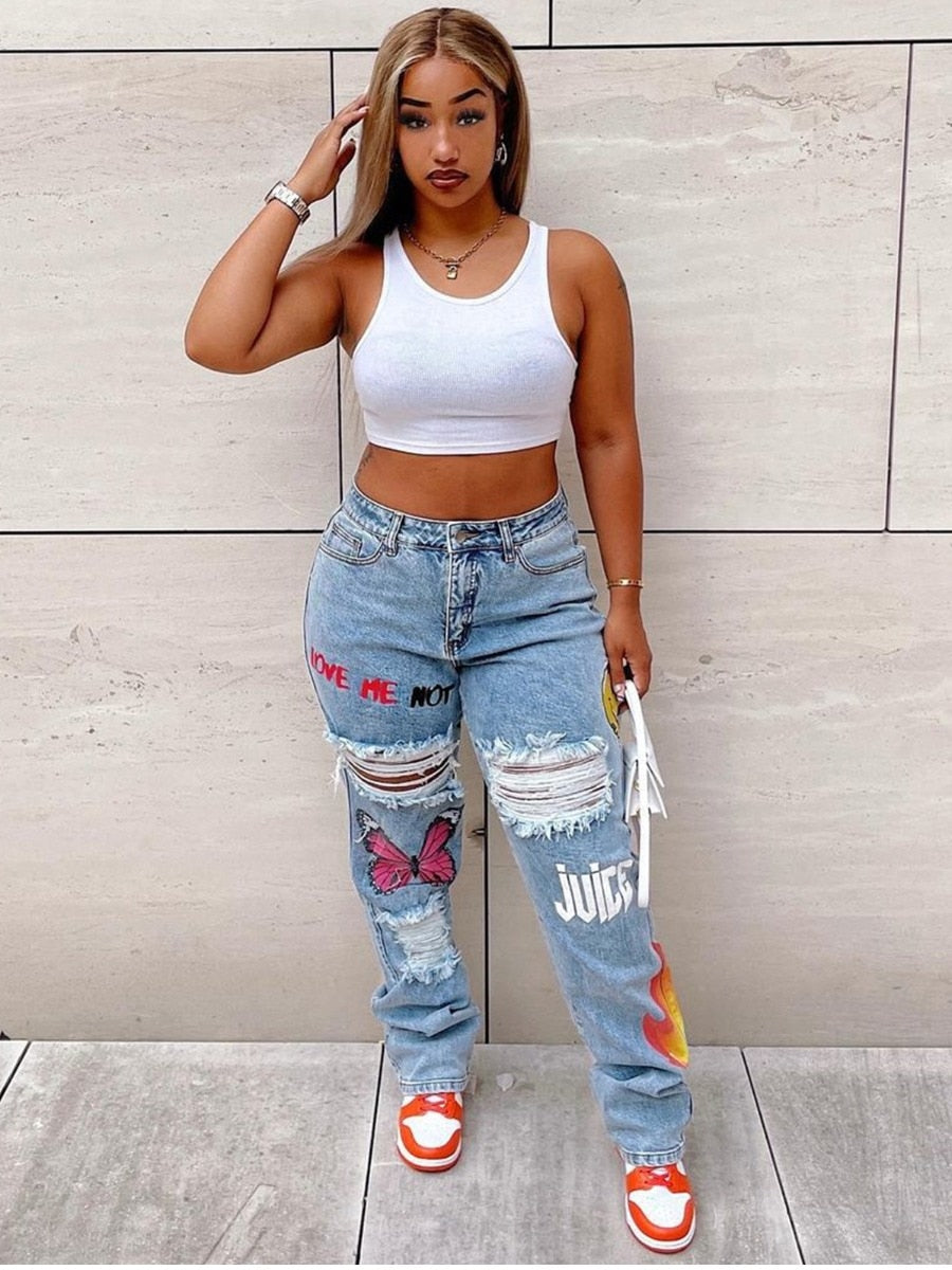 LW Butterfly Letter Print Trendy Denim No Stretch Ripped Solid Jeans Women's Hollow-out Street Skinny Fashion Straight Pants