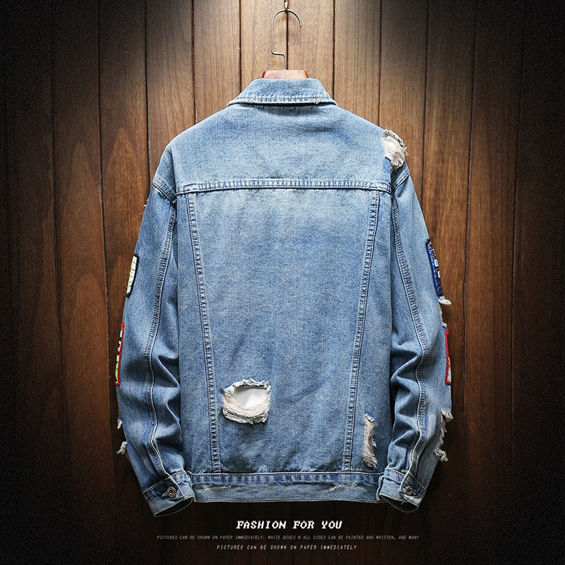 Male Jeans Coat Men Brand Denim Jacket Hip Hop Streetwear Punk Motorcycle Ripped Print Cowboy Outwear High Quality Casual Hole