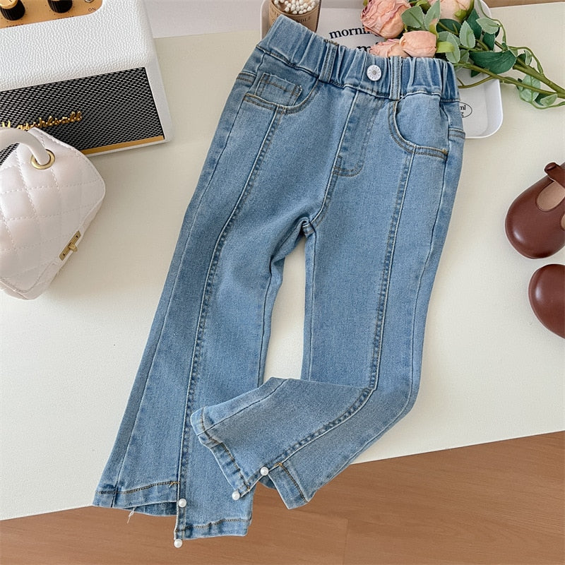 2023 Spring Autumn Child Girls 2PCS Clothes Set Cotton Long Sleeve Dot Tops Versatile Denim Trousers Suit Kids Girls Outfits