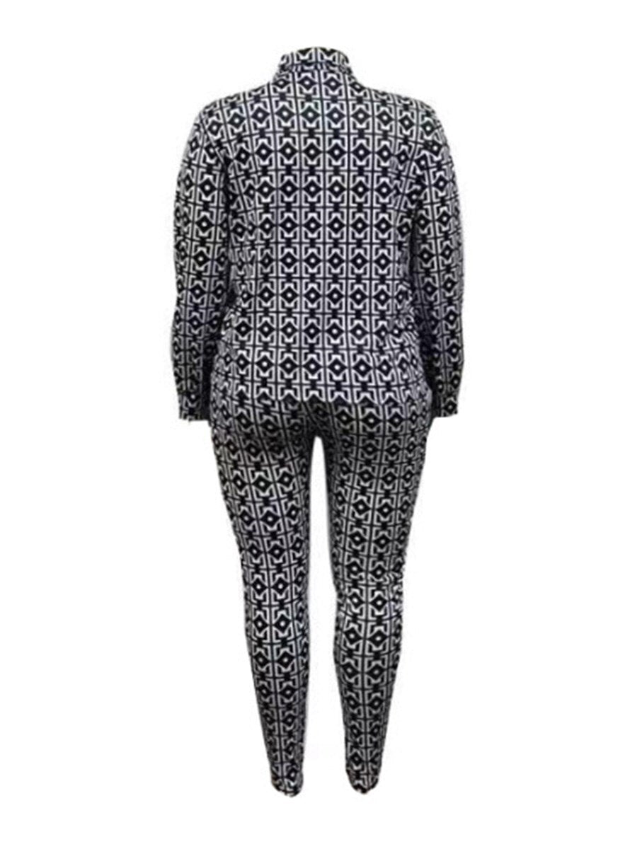 LW Plus Size Geometric Print Bandage Design Pants Set 2 PCS Long Sleeve+trousers set Women Autumn Suit