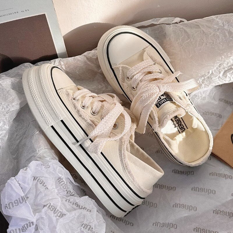 SHANPA Breathable Raw Edge Canvas Shoes for Women White Chic and Elegant Platform Shoes Casual Fashion Comfortable New Footwear