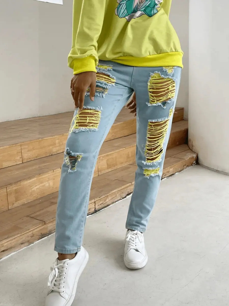 LW plus size Raw Edge Ripped Jeans Distressed Skinny Waist Denim Pants Shredded Jeans Trousers Slim Jeans pants (No Stretch)