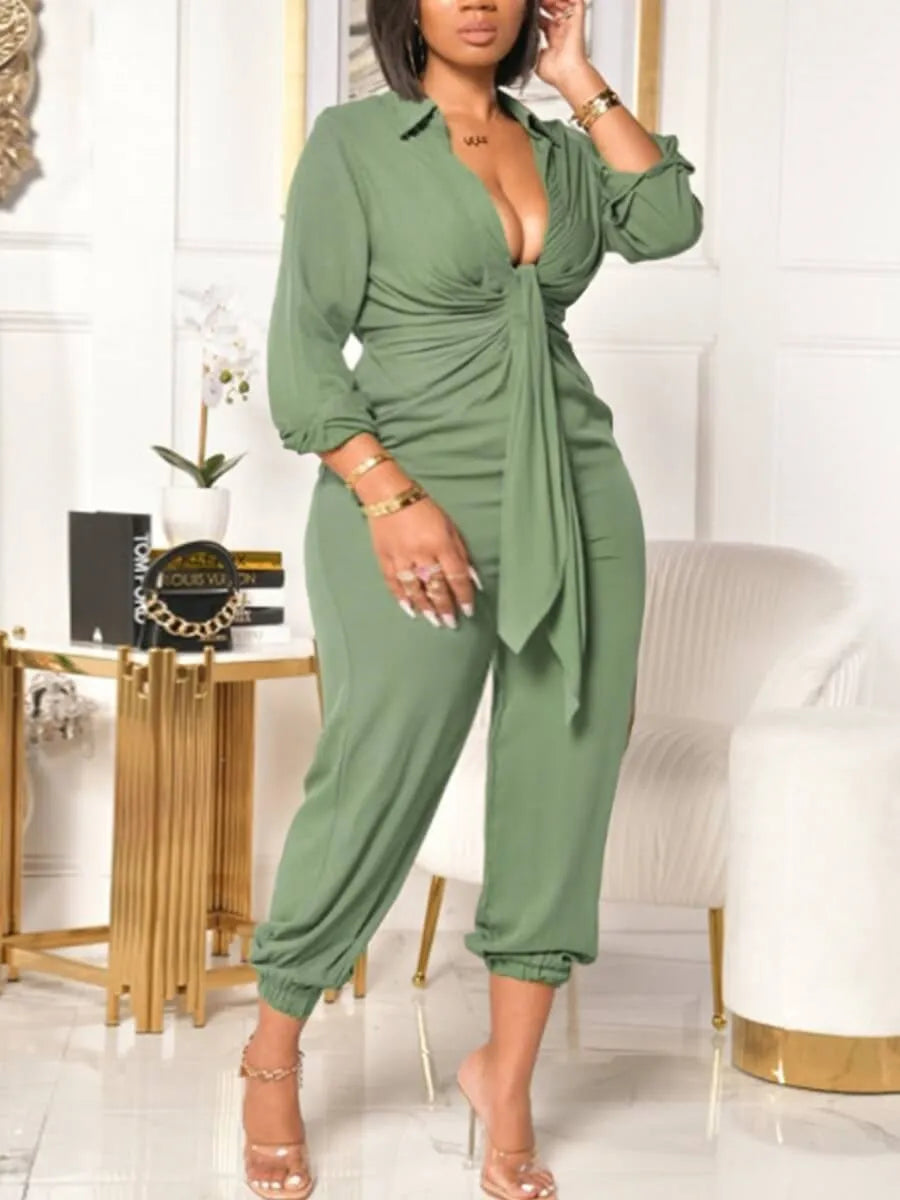 LW Jumpsuit BASICS Plus Size Casual V Neck Tie Knot Grey Solid Long Sleeve Rompers Lady Outfits