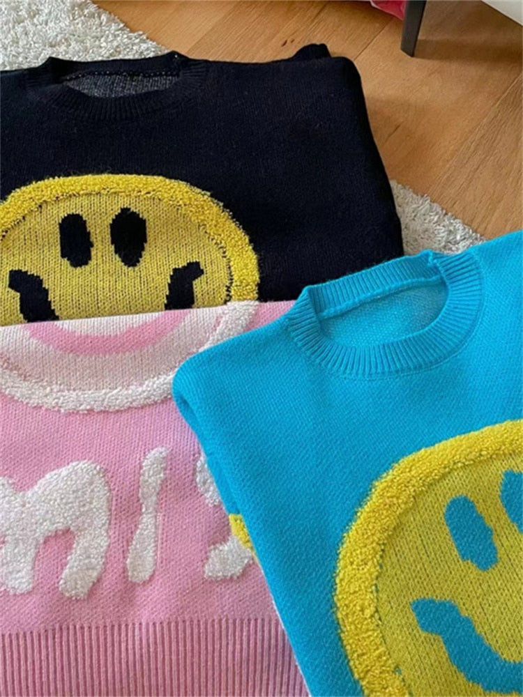 FQLWL Spring Kintted Loose Sweatshirts For Women Blue Smiley And Letter Pattern Long Sleeve O Neck Hoodies Streetwear Female