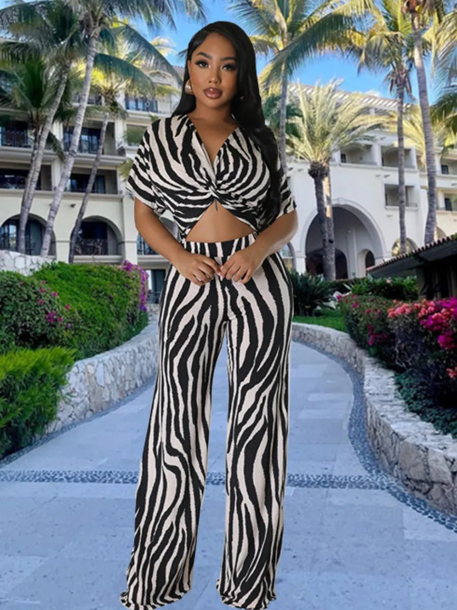 LW Plus Size Striped Twist Wide Leg Pants Set 2023 Fashion Casual Print Two Peice Set short sleeve sexy top +Loose Wide Leg Pant