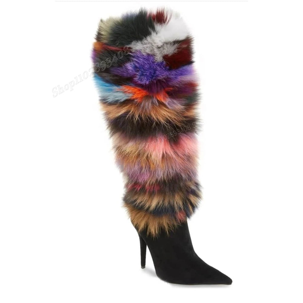 Colorful Fur Decor Knee High Boots Pointed Toe Suede Stiletto High Heel Fashion Design Women Shoes 2024 New Zapatos Para Mujere