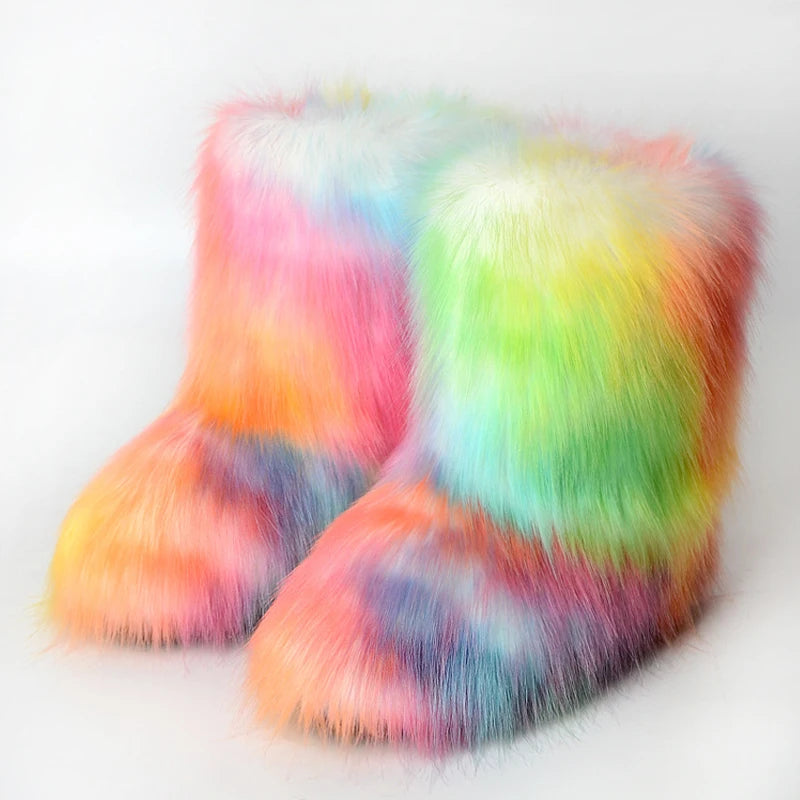 Fluffy Fur Boots Women Furry Snow Boot Warm Soft Plush Inside Fashion Woman Faux Fox Fur Boots Y2k Winter Anti Slip FuzzyShoes