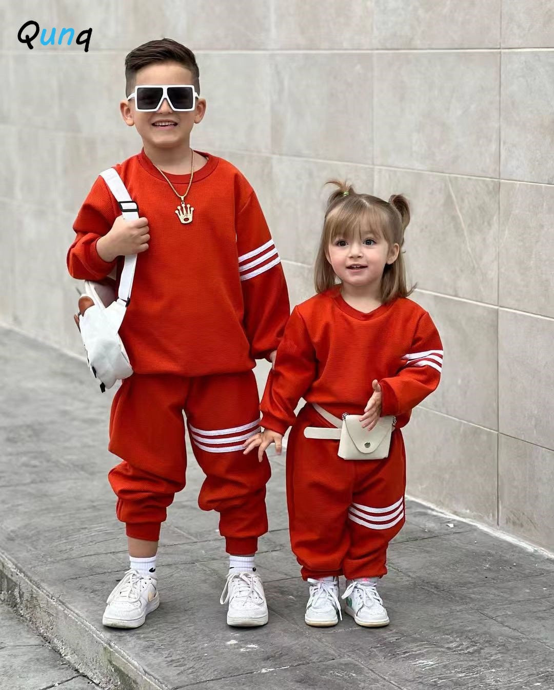 Qunq 2023 Spring Boys Girls Long Sleeve Stripe Stitching Pullover Top + Pants 2 Pieces Set Sporty Casual Kids Clothes Age 3T-8T