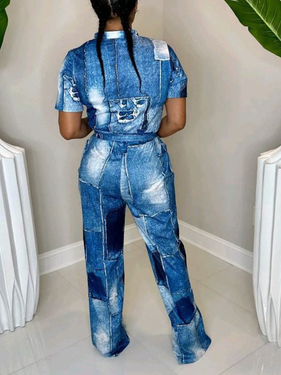 LW Plus Size Jumpsuit Imitation Denim Bandage Pocket Design Jumpsuit Summer autumn short sleeve Casual Jumpsuit Trousers