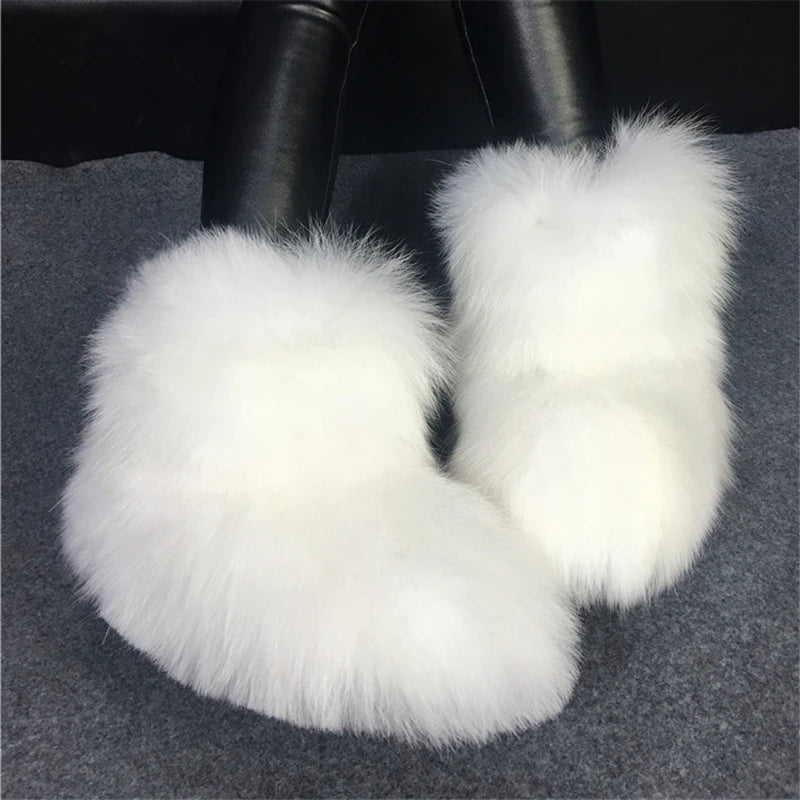 One Piece Fox Fur Women Snow Boots Blue Winter Warm Furry Botas Femininas Casual Botines Mujer Thick Sole Flat Shoes Woman White