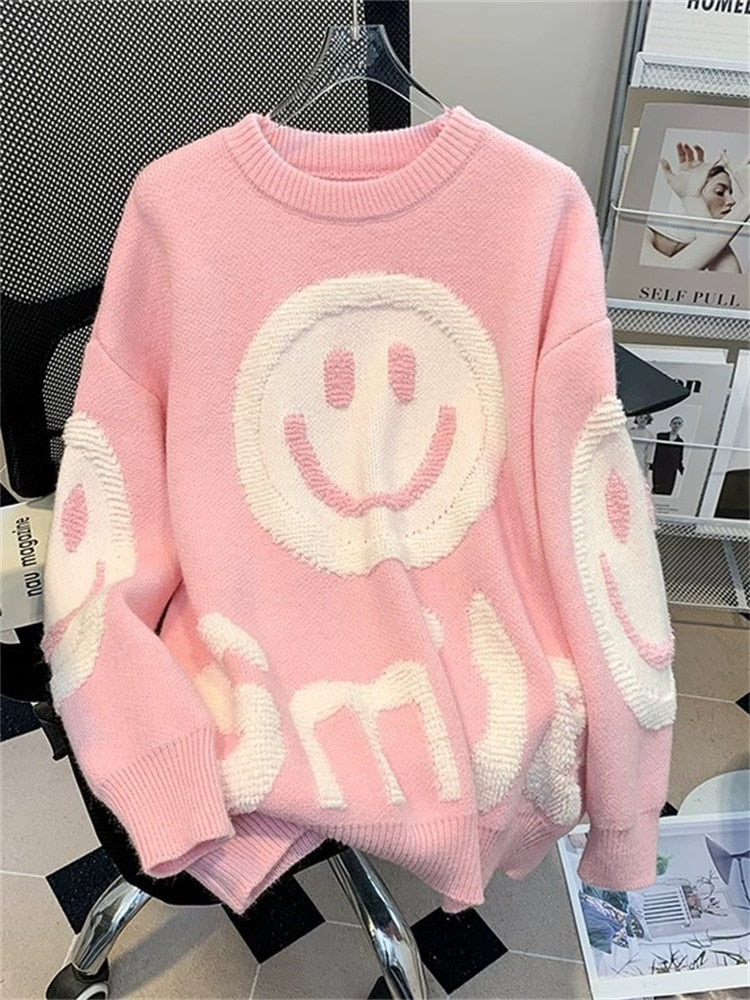 FQLWL Spring Kintted Loose Sweatshirts For Women Blue Smiley And Letter Pattern Long Sleeve O Neck Hoodies Streetwear Female