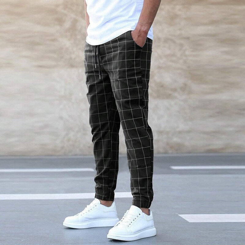 Men&#39;s Pocket Sweatpants Straight Pant Fashion Men Casual Drawstring Rope Pants New Spring Summer Men Middle Waist Plaid Trousers