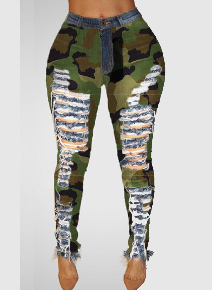 LW High Stretchy Broken Holes Camouflage Printed Jeans High-Waist Zipper Denim Street Pants Women Fashion Streetwears Trousers