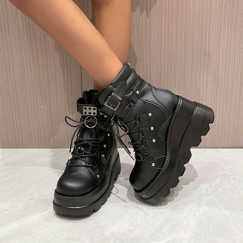 Platform Boots for Women 2023 Wedges Ankle Boots Pink Lace Up Fashion Party Gothic Boots Girls Punk Shoes Winter Women Shoes