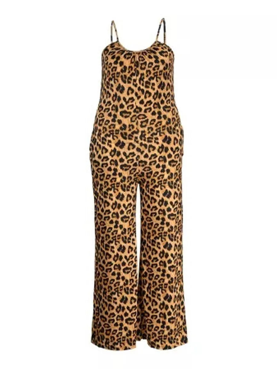 LW SXY Plus Size Jumpsuit Leopard Print Pocket Design Jumpsuit Patchwork Sleeveless Spaghetti Strap Women Elastic Summer Outfit