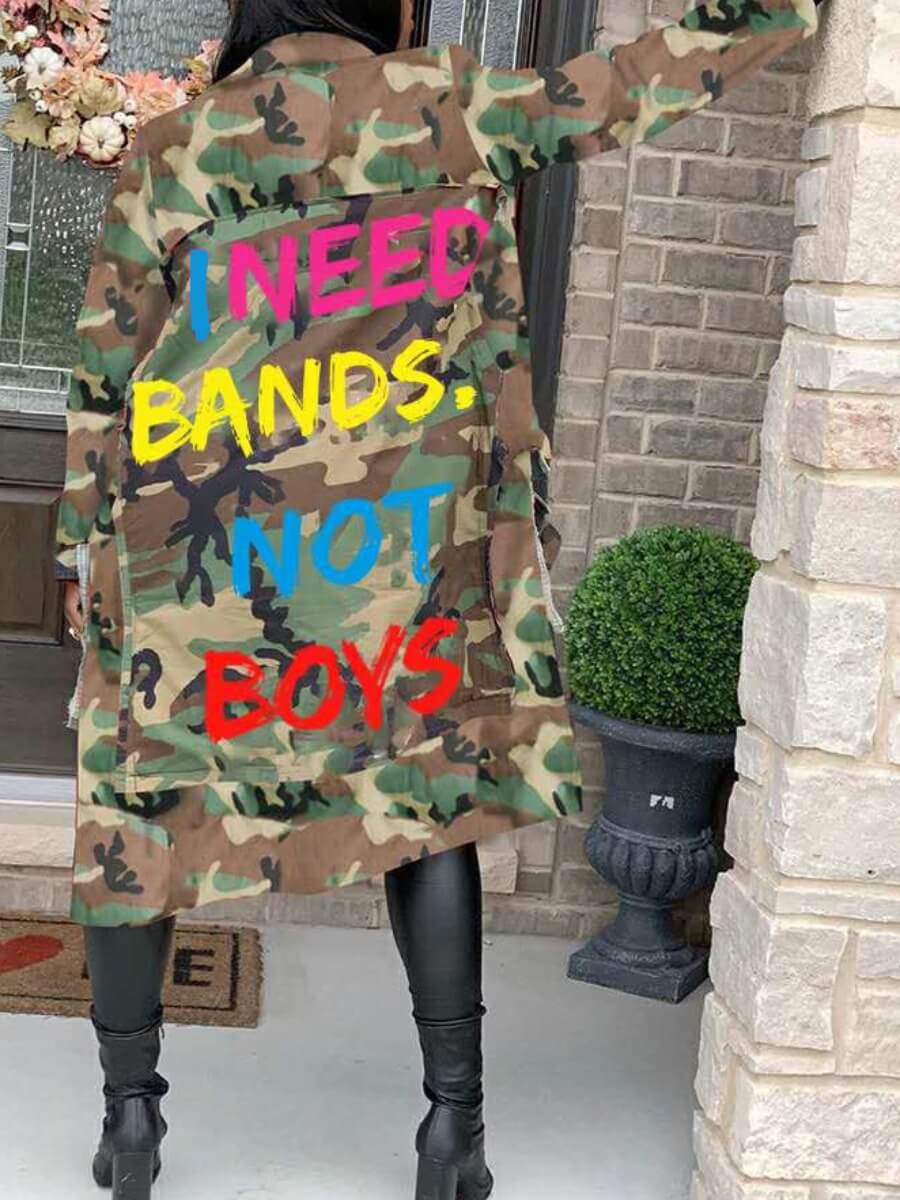 LW Turndown Collar Letter Camo Print Coat Camouflage Trench Jacket Letter Print Coat Streetwear Long Style Top Wholesale