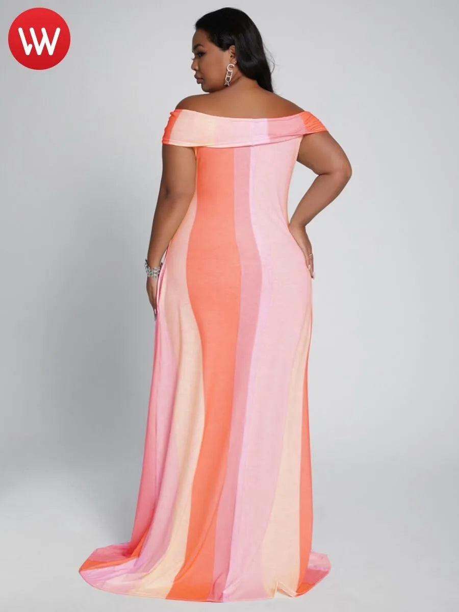 LW Plus Size Dress Boho Fold-over Letter Print Striped Orange Trailing  L-5XL Off The Shoulder Vacation Summer Vestidos