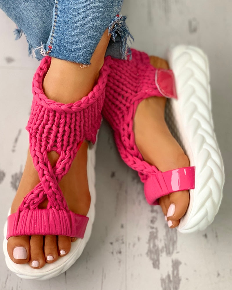 Summer Shoes Fashion Casual Flat Solid Color Daily Wear Knitted Cutout Crisscross Muffin Sandals