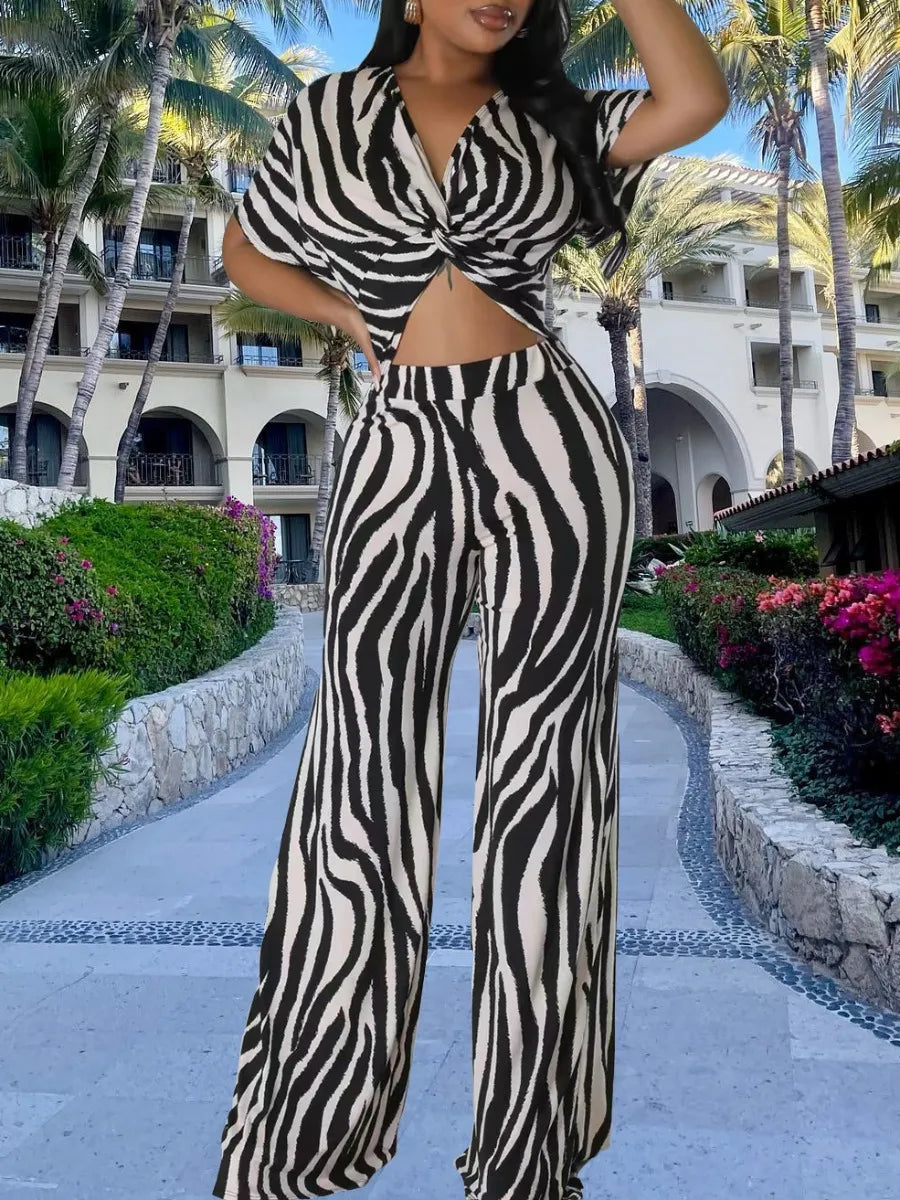 LW Plus Size Striped Twist Wide Leg Pants Set 2023 Fashion Casual Print Two Peice Set short sleeve sexy top +Loose Wide Leg Pant