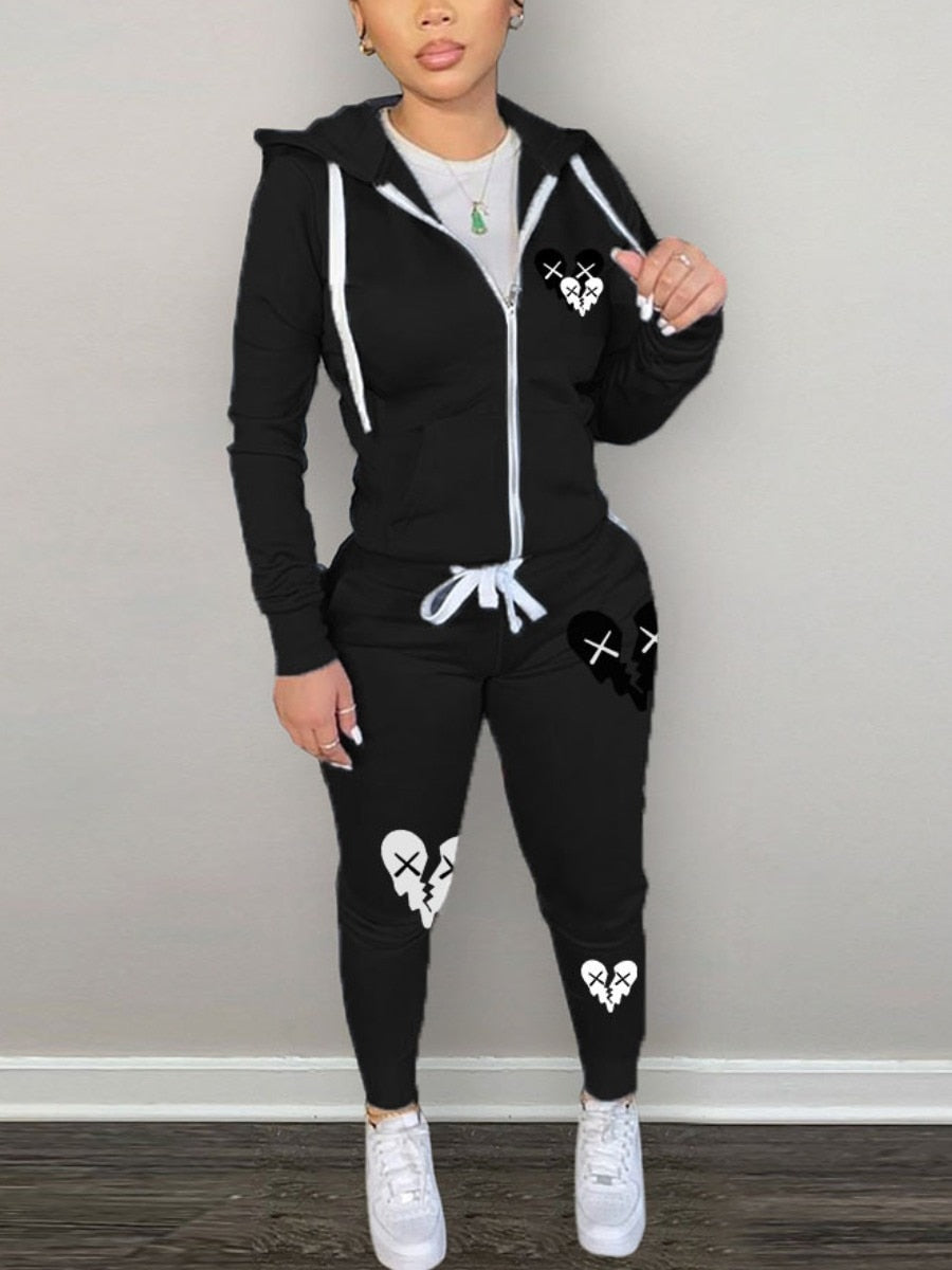 LW Simple Two Piece Set Women Casual Sporty Long Sleeve Zipper Design Top Hooded Collar Broken Heart Print Female Tracksuit Set