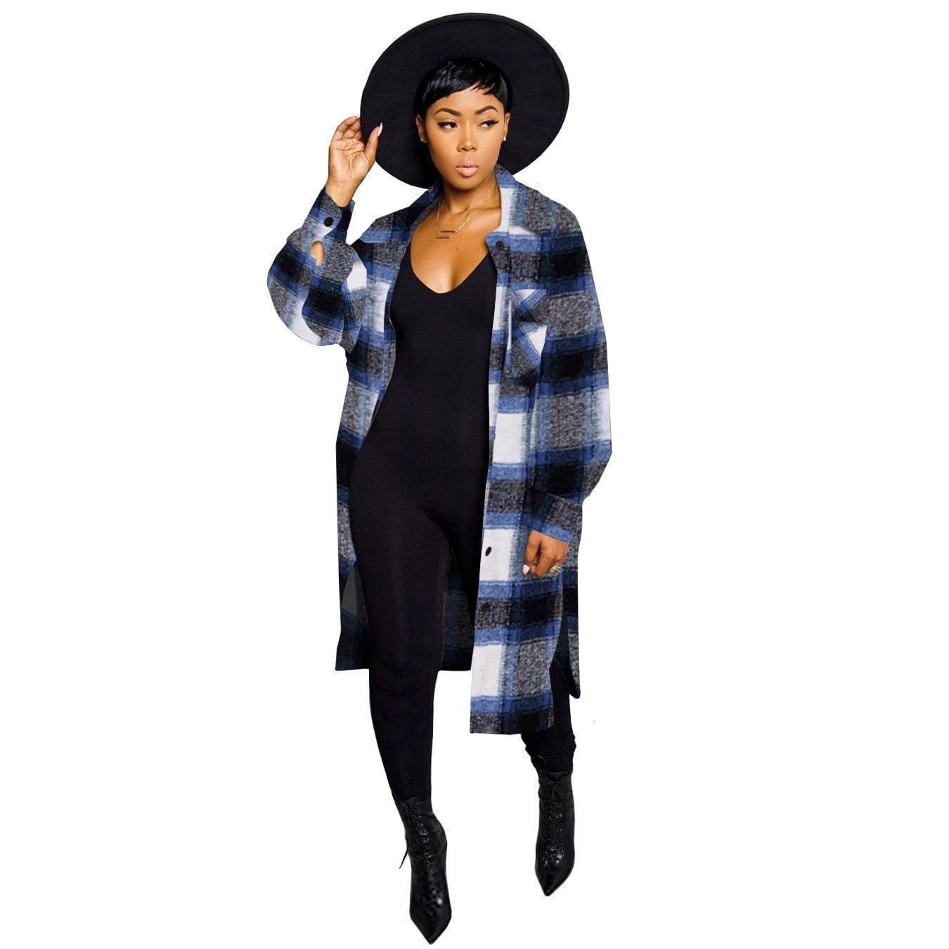 LW Plus Size Plaid Print Side Split Woolen Coat  Regular Sleeve Full Print Turndown Collar Casual women&#39;s Woolen Coat