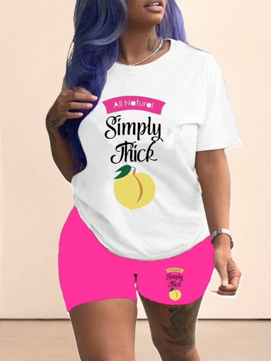 LW Plus Size Mango Fruit Letter Print Shorts Set summer Two Piece Set Short Sleeve T-shirt &amp; Ladies High Waist Shorts Pants Set