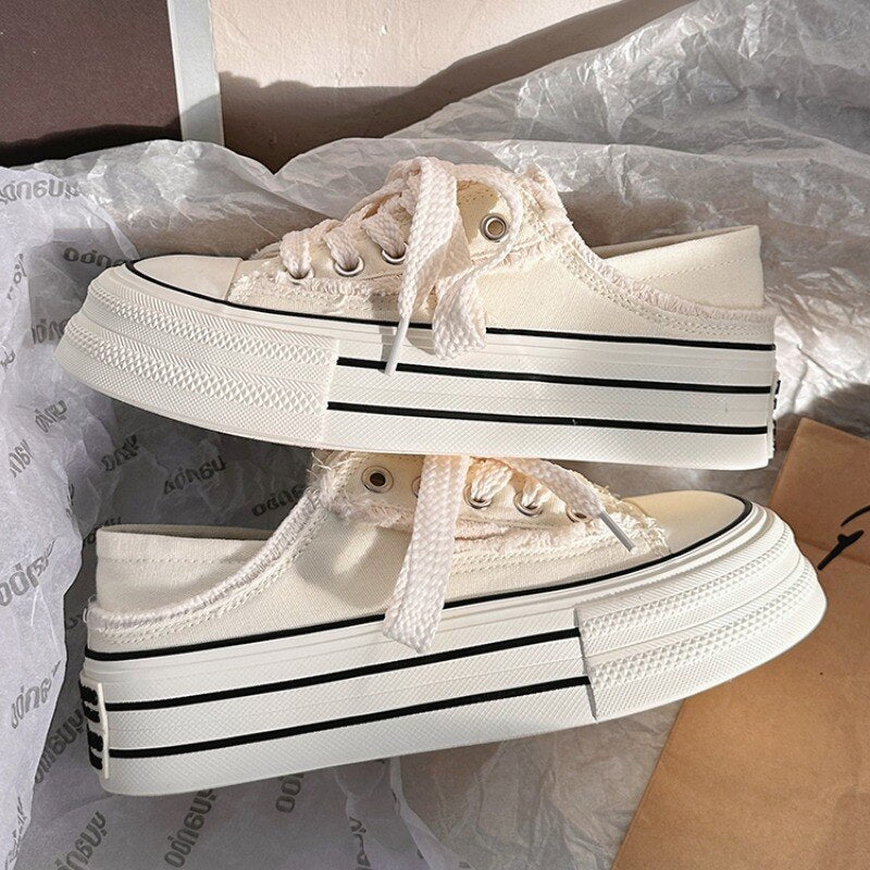 SHANPA Breathable Raw Edge Canvas Shoes for Women White Chic and Elegant Platform Shoes Casual Fashion Comfortable New Footwear