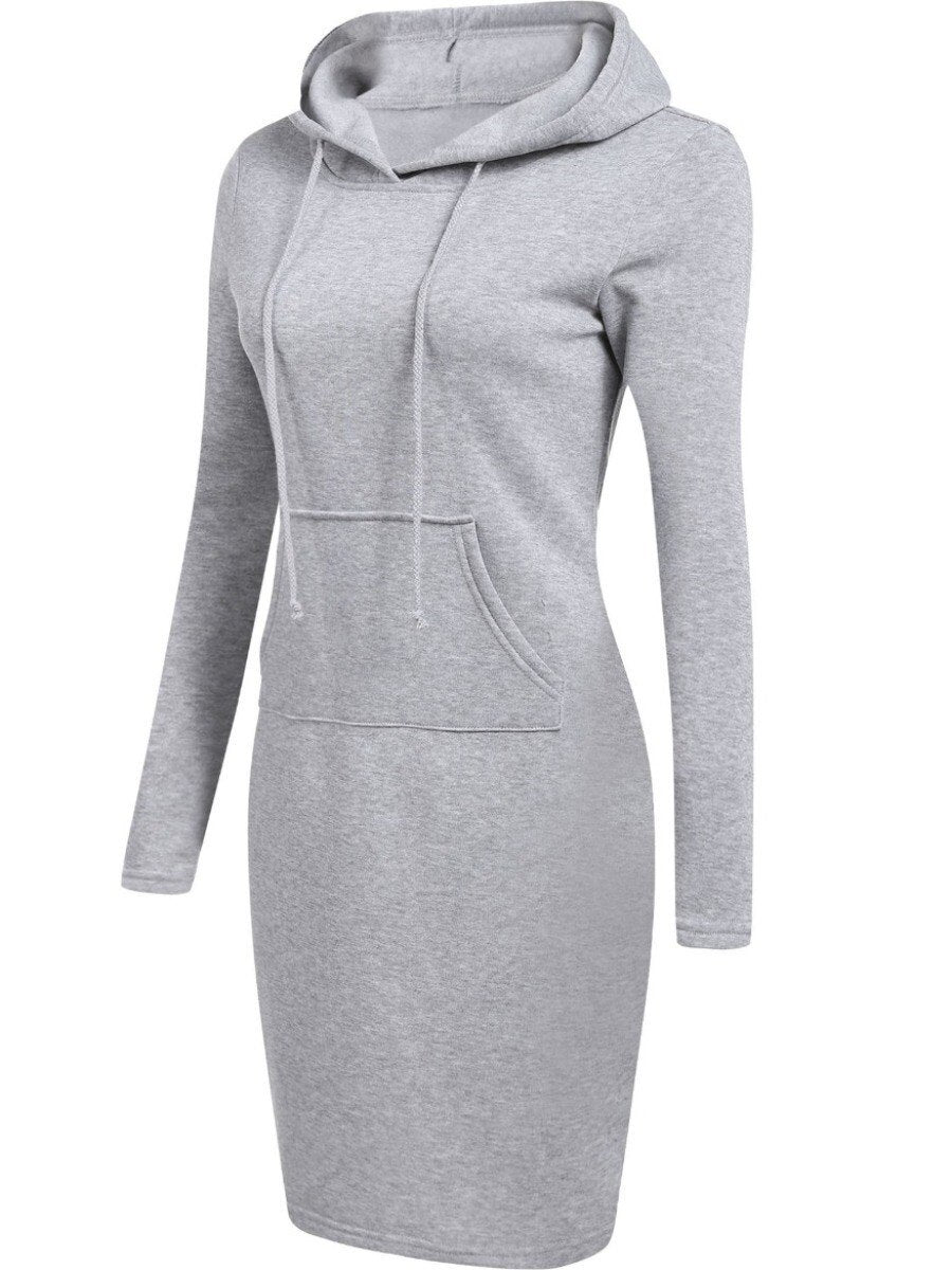 LW Plus Size Hooded Collar Kangaroo Pocket Dress Autumn Ladies Dress Hooded Warm Sweatshirt Camp Collar Casual Sports Dress