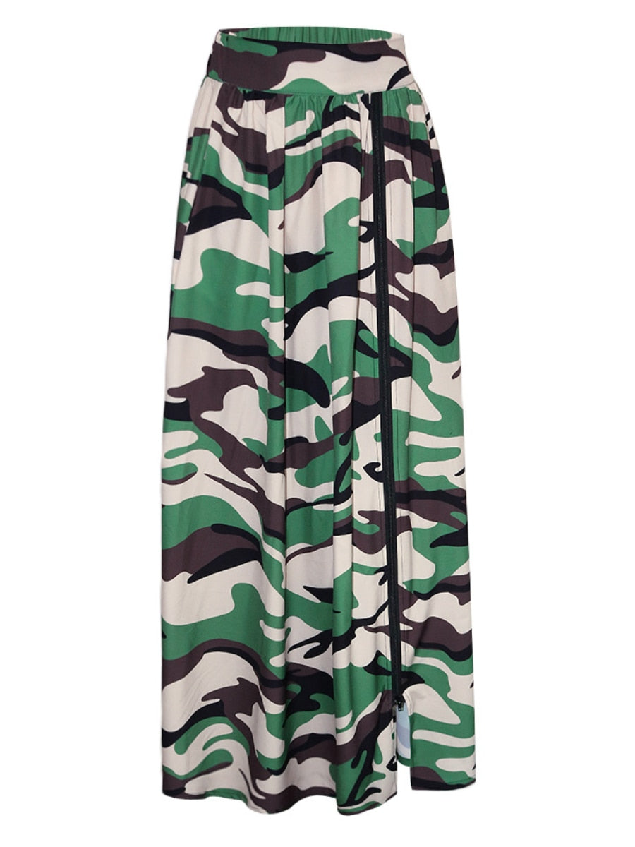 LW Camo Print Zippper Design Loose Skirt Camouflage Printing A Line Ruched Maxi Skirt Chic Casual Daily Dress