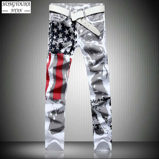 Mens Jeans Male American Flag Printed Streetwear Casual Pants Fashion Harajuku High Elastic SlimHip Hop Straight Denim Trousers