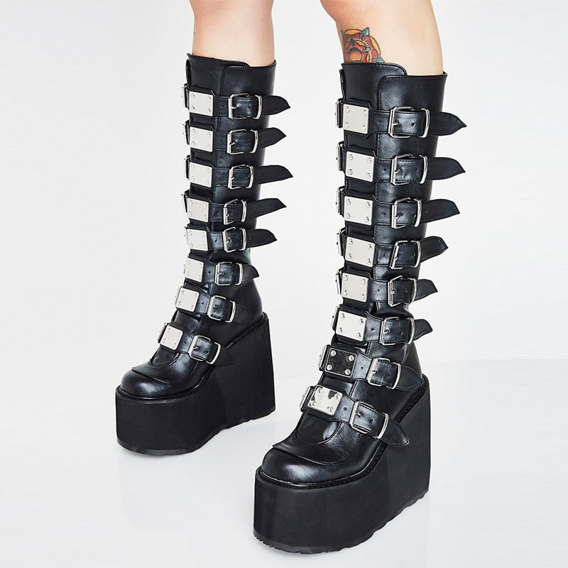 New Women Mid-calf Boots Metal Belt Buckle Wedge High Heel Platform Female Pumps Ladies Black Punk Gothic Party Shoes