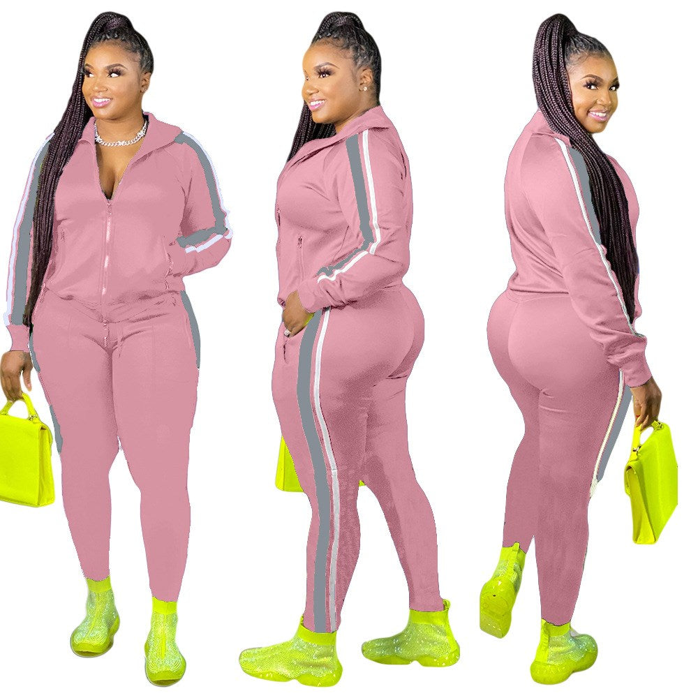 LW Plus Size Hooded Collar Patchwork Tracksuit Set Women Fall Clothes Sweatsuit Joggers Outfit Zip Top Sweatpants Tracksuit