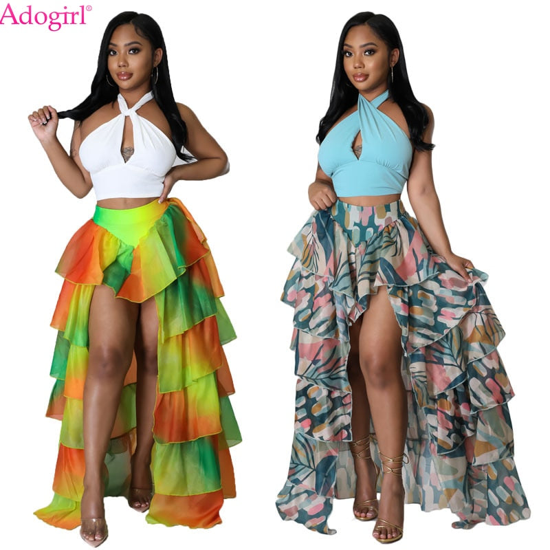 Adogirl Women Printed Mesh Cake Skirt Changing Color Cascading Ruffles High Split Long Petticoat 2022 Summer Beach Outfits