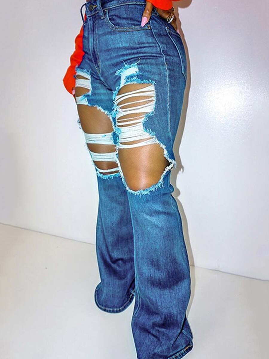 LW Women Jeans Mid Waist Ripped Flared Trousers Boot Cut Casual Vintage Hollow Out Pokets Casual Denim Plain Fashion Streetwears