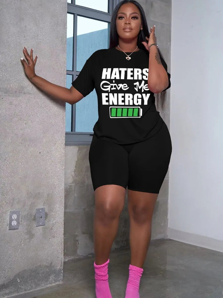 LW Plus Size Haters Give Me Energy Letter Print Shorts Set 2PCs Women Clothings Casual Suits Daily TOPS+PANTS Matching Outfits