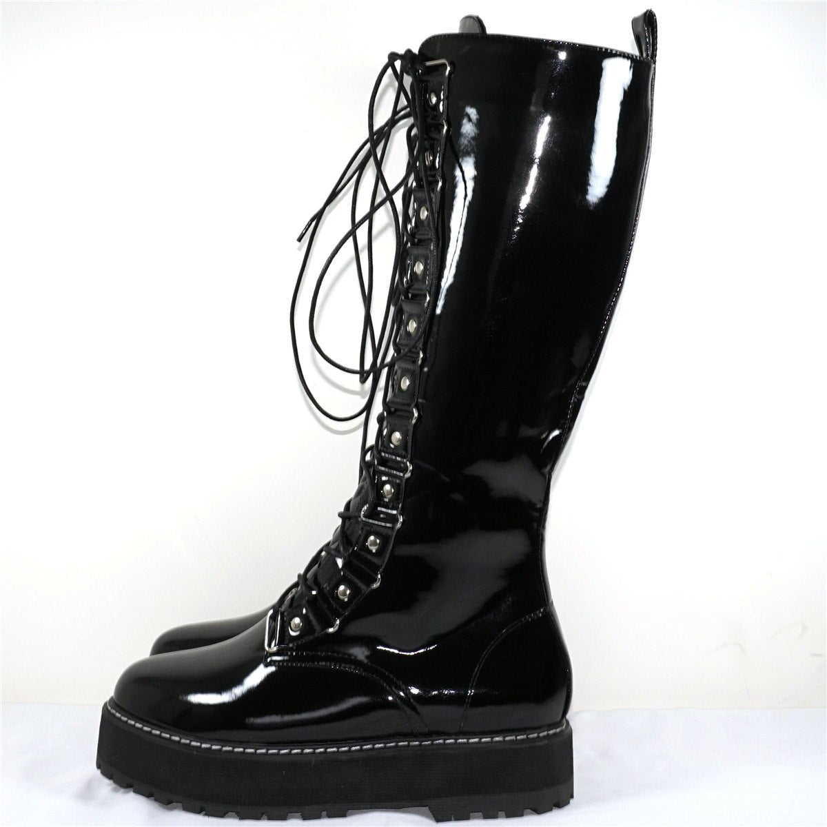 Winter Punk Creepers Women Lace Up Patent Leather Knee High Motorcycle Boots Female Round Toe Chunky Platform Pumps Casual Shoes