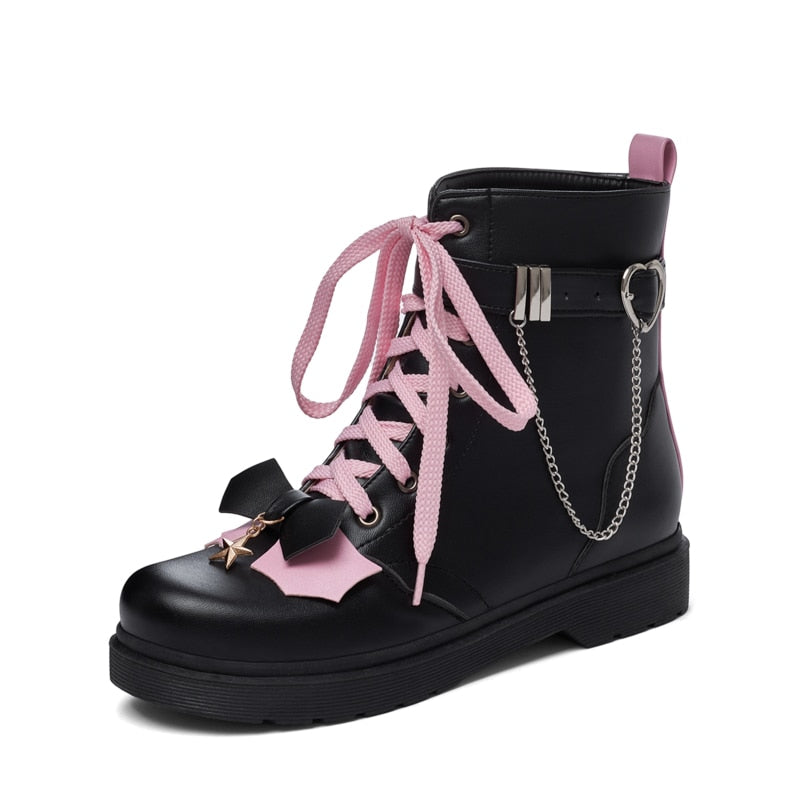 Harajuku Boots Plus Size Women Lolita Thick-Soled Lace Up Shoes Gothic Bat Wings Darkness Black Motorcycle Booties Metal Chain