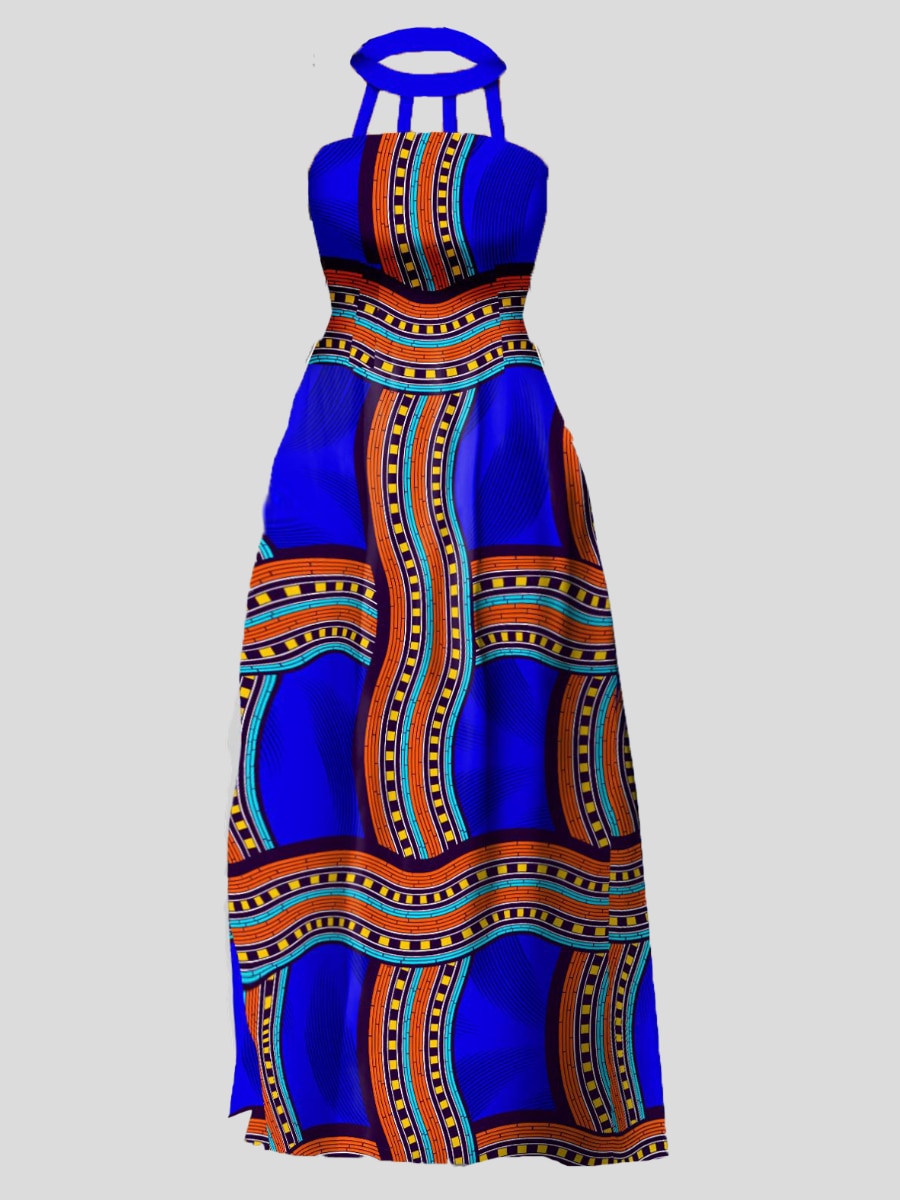 LW Boho Tribal Geometric Print Dresses Striped Cut Out Halter Neck Design Elegant Sleeveless A Line Ankle Length Maxi Dress